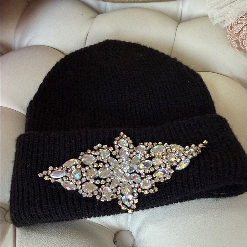 Topshop Black Beanie with Crystal Embellishment